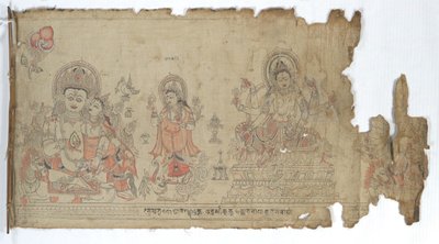 देवी वसुधारा कुबेर और एक खंडित दुर्गा से घिरी हुई, दिनांक 1651। द्वारा अज्ञात