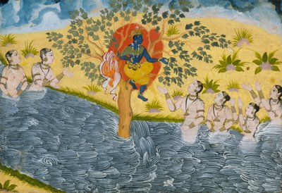 गोपियों ने कृष्ण से उनके वस्त्र, पृष्ठ भागवत पुराण से लौटाने की विनती की ..., ca. 1610। द्वारा अज्ञात