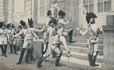 प्रशिया नोबल गार्ड ने बर्लिन, 1896 में फ्रांसीसी दूतावास के कदमों पर अपनी तलवारें तेज कर दीं द्वारा अज्ञात