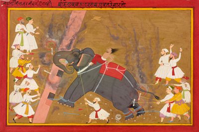 The elephant Khanderao Bahadur killing Sham Mahavat, ca. 1700.  द्वारा अज्ञात