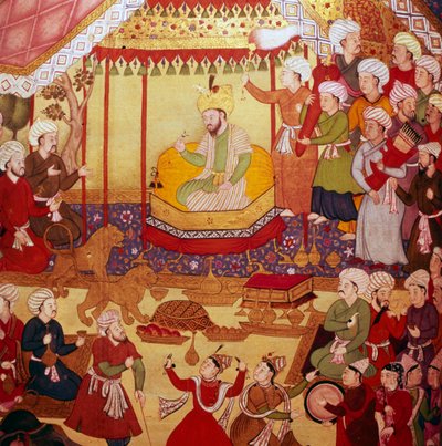 उत्सव के दौरान सिंहासन पर बैठा तैमूर, मुगल पांडुलिपि, 1600-1601 द्वारा अज्ञात