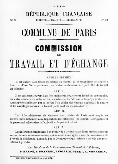 Travail et DEchange, पेरिस कम्यून के फ्रांसीसी राजनीतिक पोस्टर, मई 1871 से द्वारा अज्ञात