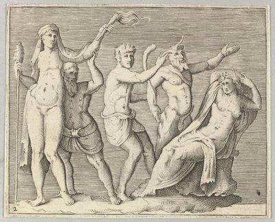 दो आकृतियाँ, एक Faun, और एक व्यंग्य एक Recliniing Woman के साथ, प्रकाशित ca. 1599-1622। द्वारा अज्ञात