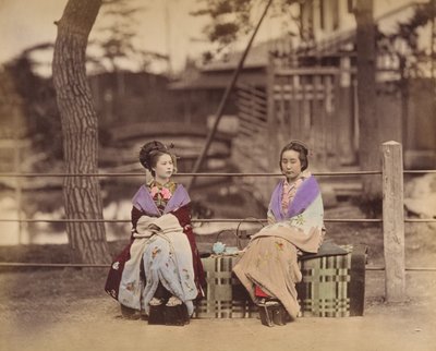 [एक बेंच पर बैठी दो जापानी महिलाएं], 1870। द्वारा अज्ञात