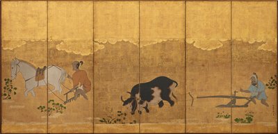 दो किसान चावल के खेत की जुताई और हेराफेरी कर रहे थे, ईदो काल, 1615-1868। द्वारा अज्ञात