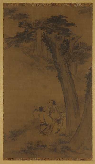 पेड़ों के नीचे एक पहाड़ी पर दो आकृतियाँ, मिंग या किंग राजवंश, 17वीं शताब्दी। द्वारा अज्ञात