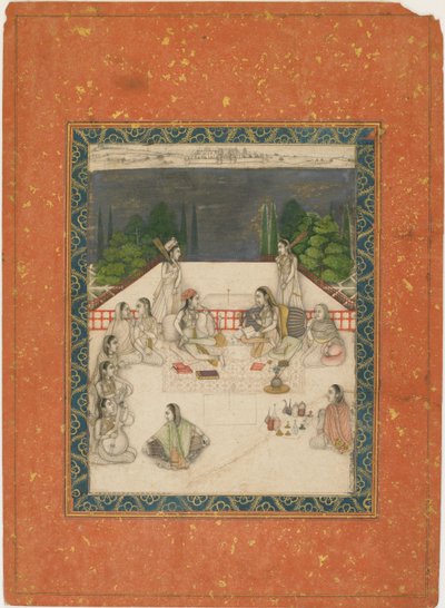 दो महिलाएँ एक छत पर बैठी थीं, जो परिचारकों और संगीतकारों से घिरी हुई थीं। 1650. द्वारा अज्ञात