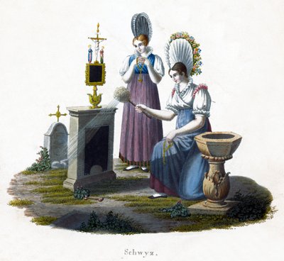 एक कब्रिस्तान में एक हेडस्टोन से पहले खड़ी दो महिलाएं, c1800 द्वारा अज्ञात