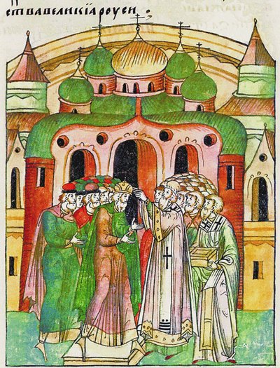 व्लादिमीर Vsevolodovich बिशप Neophytos द्वारा Monomakhs कैप के साथ ताज पहनाया। प्रबुद्ध संकलन से द्वारा अज्ञात