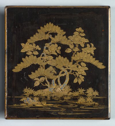 पाइन, कैमेलिया और बांस के ढक्कन के डिजाइन के साथ बॉक्स सुजुरीबाको लिखना, 1400। द्वारा अज्ञात
