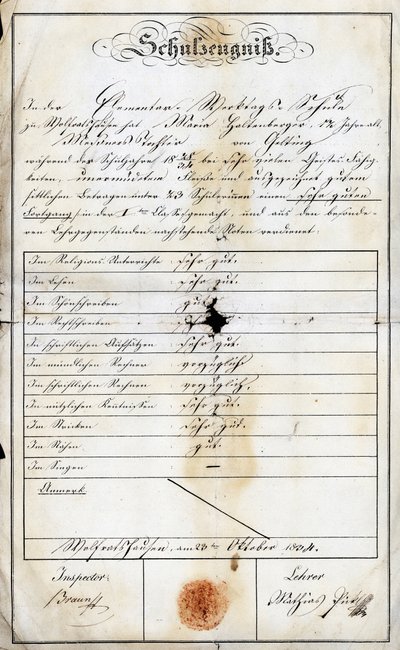 24 सितंबर 1840 के एक प्राथमिक विद्यालय के एक छात्र (मोनिका हाल्टेनबर्गर, बलिदान की बेटी) के रविवार को प्राथमिक विद्यालय की साल के अंत में स्कूल की रिपोर्ट, एकेडेमी डे गेरेट्रीड, जर्मनी, यूरोप में हाउते बावियर द्वारा अज्ञात