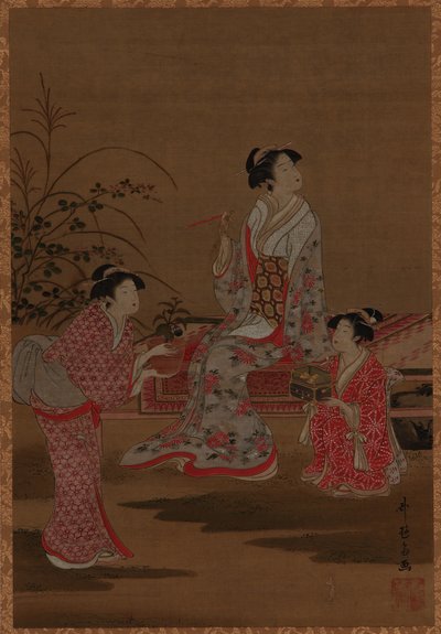 युवा महिला, दो सहेलियों के साथ, एक बगीचे में बैठी हुई, ईदो काल, 1615-1868। द्वारा अज्ञात