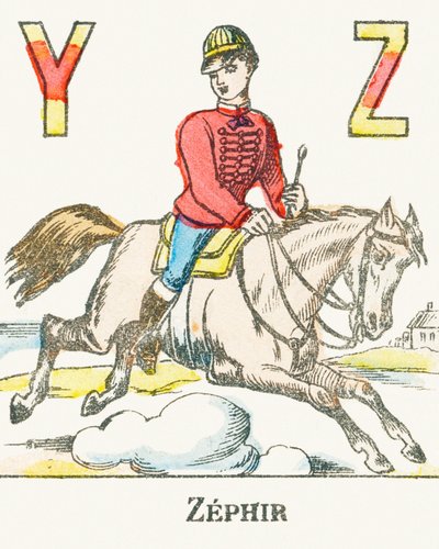 Z: Zeph, Zephyr नामक अपने घोड़े पर सवार एक सवार - खेल वर्णमाला, c.1890 (उत्कीर्णन) द्वारा अज्ञात