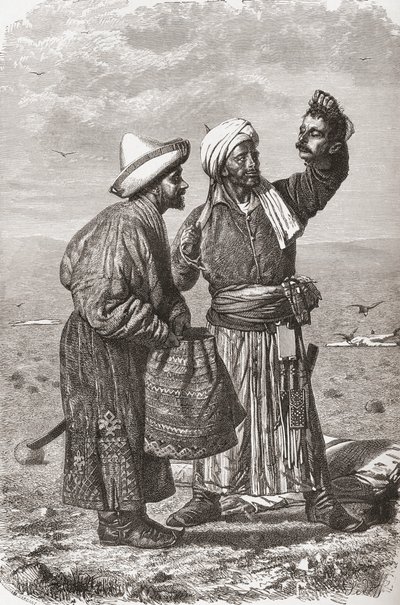 एक अफगान सैनिक अपने शत्रु के सिर को पकड़े हुए, गौचर्ड और चार्ल्स बार्बेंट द्वारा उत्कीर्ण &39;द वर्ल्ड इन द हैंड्स&39; से दृष्टांत, (डी। 1922), 1878 में प्रकाशित द्वारा अज्ञात अज्ञात