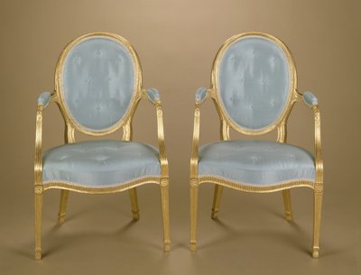 एडम ओवल-समर्थित गिल्ट कार्वर कुर्सियों की जोड़ी, नीला असबाबवाला, c.1780 द्वारा अज्ञात अज्ञात