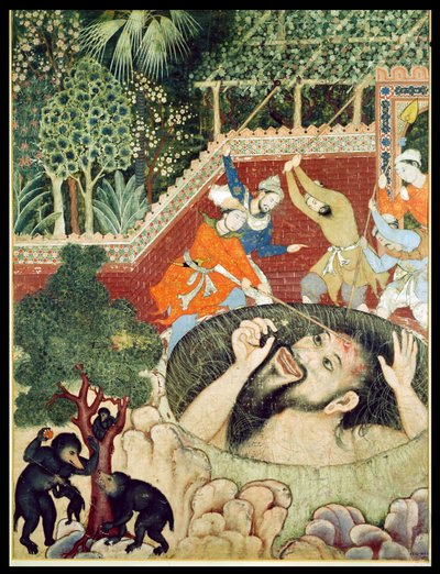 ज़ुमरुद शाह एक गड्ढे में गिर जाता है और उसे माली द्वारा पीटा जाता है, भारत या पाकिस्तान के हमज़ानामा (बुक ऑफ़ हमजा) से, c.1562-77 (कपास पर अपारदर्शी wc) द्वारा अज्ञात अज्ञात
