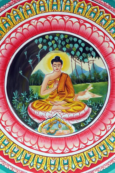 २०१५१०२९, वियनतियाने, लाओस: वाट इनपेंग बौद्ध मंदिर। शाक्यमुनि बुद्ध की जीवन गाथा को दर्शाती पेंटिंग। टीचिंग बुद्धा बुद्ध के जीवन में एक विशेष क्षण को दर्शाता है, अर्थात्, बुद्ध ने आत्मज्ञान तक पहुंचने के बाद दिया पहला उपदेश द्वारा अज्ञात