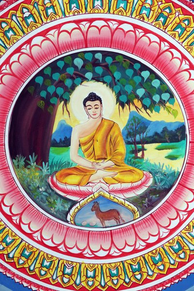 20151029, वियनतियाने, लाओस: वाट इनपेंग बौद्ध मंदिर। शाक्यमुनि बुद्ध की जीवन गाथा को दर्शाती पेंटिंग। ध्यान मुद्रा में बैठे बुद्ध द्वारा अज्ञात