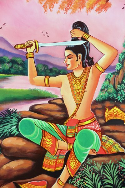 20151029, वियनतियाने, लाओस: वाट सी मुआंग (सिमुओंग) बौद्ध मंदिर। शाक्यमुनि बुद्ध की जीवन गाथा को दर्शाती पेंटिंग। भविष्य के बुद्ध भिक्षु बनने के लिए अपने बाल मुंडवाते हैं द्वारा अज्ञात