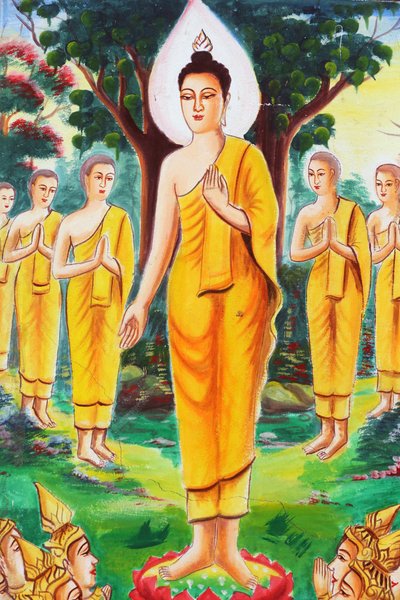 20151102, वांग विएंग, लाओस: शाक्यमुनि बुद्ध के जीवन की कहानी को दर्शाती पेंटिंग। बुद्ध ने सैकड़ों अनुयायियों को आकर्षित करते हुए, स्वयं को शिक्षण के लिए समर्पित कर दिया द्वारा अज्ञात