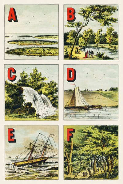 ABCDEF: द्वीपसमूह, Bois de Boulogne, झरना, बांध, चट्टान, फॉनटेनब्लियू का जंगल - वर्णमाला भौगोलिक से निकाली गई उत्कीर्णन। गुएरिन-मुलर एट सी, संपादक, पेरिस द्वारा अज्ञात