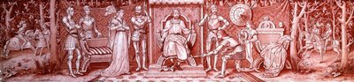 एक कला और शिल्प ग्लास ट्रिप्टिच, शारलेमेन की अदालत में मध्यकालीन शूरवीरों के साथ चित्रित, c.1860-1910 द्वारा अज्ञात