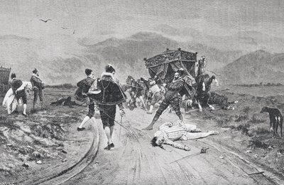 1887 में प्रकाशित 'ला इलस्ट्रसियन आर्टिस्टिका' से 17वीं सदी के मध्य में एक कोच पर हमला द्वारा अज्ञात