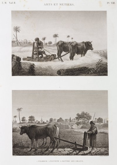 कृषि योग्य खेती, जुताई थ्रेसिंग मशीन और हल, मिस्र, c 1798 द्वारा अज्ञात