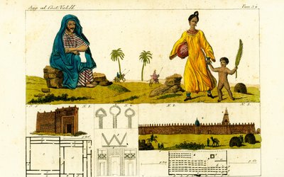 ऑगस्टे रेने कैली 1, टिम्बकटू, माली में मस्जिद को स्केच करने के लिए कुरान का अध्ययन करने का नाटक करते हुए, 3, सूती बागे में महिला और हथेली के साथ नग्न बच्चे के साथ 2 द्वारा अज्ञात