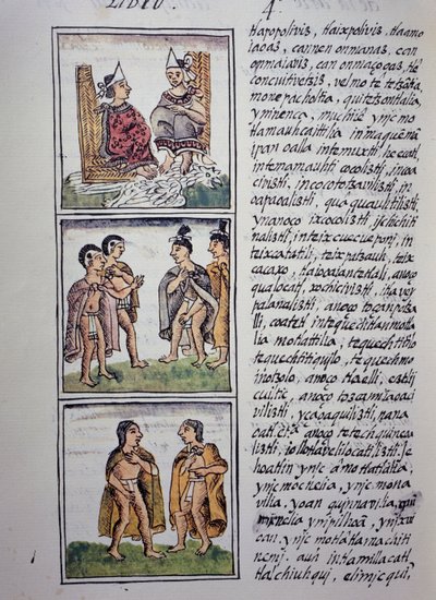 एज़्टेक समाज, फ्लोरेंटाइन कोडेक्स की पुस्तक IV, स्पेनिश और नाहुआट्ल में द्विभाषी संस्करण, न्यू स्पेन की चीजों का सामान्य इतिहास, एज़्टेक सभ्यता द्वारा अज्ञात कलाकार