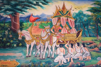 बुद्ध और राजकुमारी यशोधरा और उनका पुत्र राहुला। बुद्ध का जीवन। भित्ति चित्र। वाट इंपेंग। वेंटियन। लाओस, 20151029, वियनतियाने, लाओस द्वारा अज्ञात