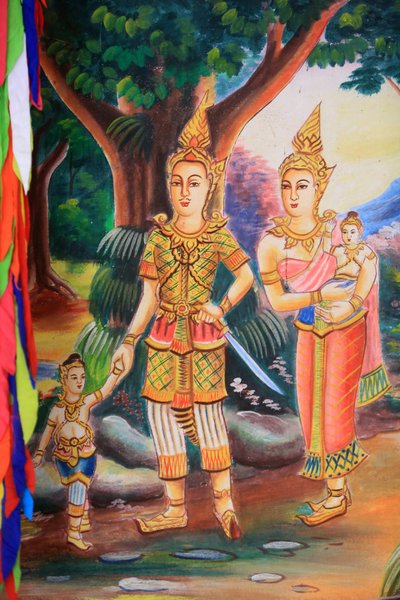 बुद्ध के जीवन को दर्शाती छत की कलाकृति। वाट सी सू मांग करम मंदिर। विएंग वांग। लाओस, 20151102, विएंग वांग, लाओस द्वारा अज्ञात