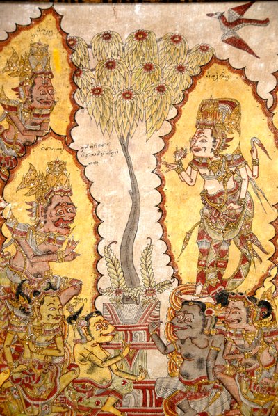 रॉयल पैलेस में छत की पेंटिंग; देवताओं और राक्षसों; पेपर गोसा; गिल्ली पैलेस पार्क; क्लुंगकुंग; सेमारपुरा; बाली; इंडोनेशिया; दक्षिण - पूर्व एशिया; एशिया द्वारा अज्ञात
