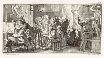 ड्राइंग क्लास, एम. डी लांडे द्वारा 'द डिक्शनरी ऑफ साइंसेज' से चित्रण, c.1770 (लिथो) द्वारा अज्ञात