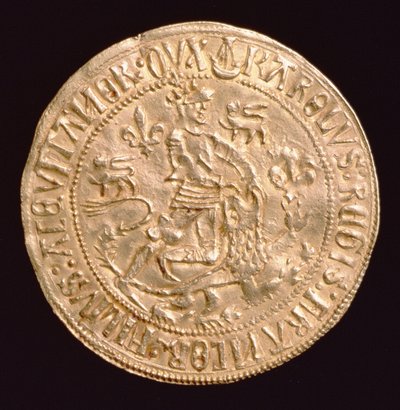 फ्रांस के चार्ल्स का फोर्ट डी'ओर, ड्यूक ऑफ एक्विटाइन (1433-77) (सामने) एक शेर के साथ ड्यूक कुश्ती दिखाते हुए, बॉरदॉ में मारा गया द्वारा अज्ञात