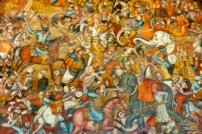 फ्रेस्को; लड़ाई; करनाल की लड़ाई में नादिर शाह की लड़ाई; १७३९; घोड़े पर; एक सफेद हाथी पर सुल्तान मोहम्मद शाह गुरकानी के खिलाफ; चेहल सोतौन; चालीस स्तंभ पैलेस; इस्फ़हान; ईरान; एशिया द्वारा अज्ञात