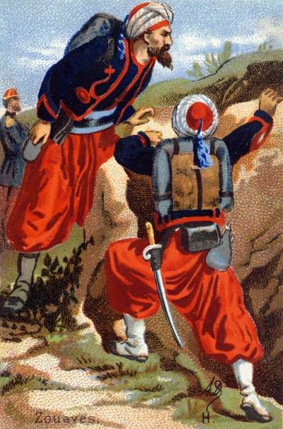 एच: ज़ौवेस। "सैन्य वर्णमाला" में उत्कीर्णन। इलस्ट्रेटर के आद्याक्षर: AD अज्ञात प्रकाशक। 19 वीं सदी के अंत में क्रोमोलिथोग्राफ। मंद: 10,5x7 सेमी। द्वारा अज्ञात