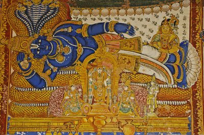 भारत, तमिलनाडु, श्रीरंगम, श्री रंगनाथस्वामी हिंदू मंदिर (मूल १०वीं शताब्दी), विष्णु की दीवार पेंटिंग। द्वारा अज्ञात