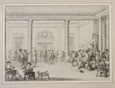 स्टॉक एक्सचेंज का इंटीरियर, c.1790 (नक़्क़ाशी) द्वारा अज्ञात