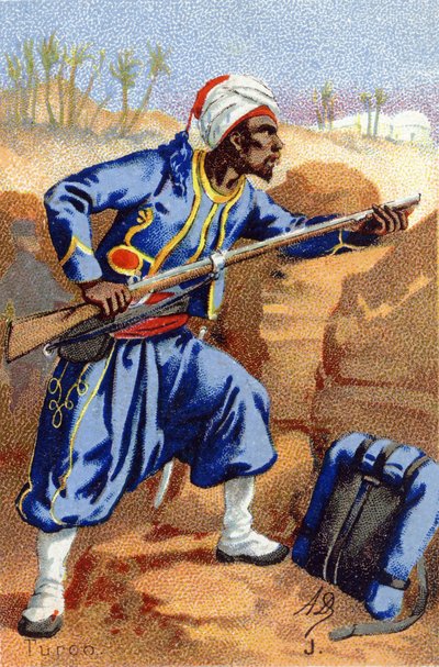 जे: टर्को। "सैन्य वर्णमाला" में उत्कीर्णन। इलस्ट्रेटर के आद्याक्षर: AD अज्ञात प्रकाशक। 19 वीं सदी के अंत में क्रोमोलिथोग्राफ। मंद: 10,5x7 सेमी। द्वारा अज्ञात