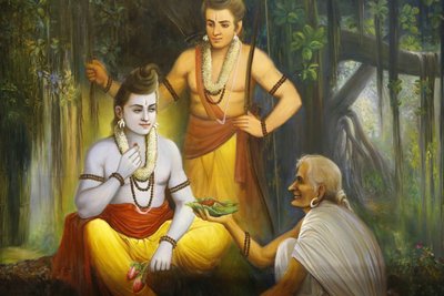 जलाराम प्रार्थना हिंदू मंदिर, लीसेस्टर। फ्रेस्को। राम शबरी से मिलते हैं जो रामचंद्र को भोजन प्रदान करते हैं। यूनाइटेड किंगडम द्वारा अज्ञात