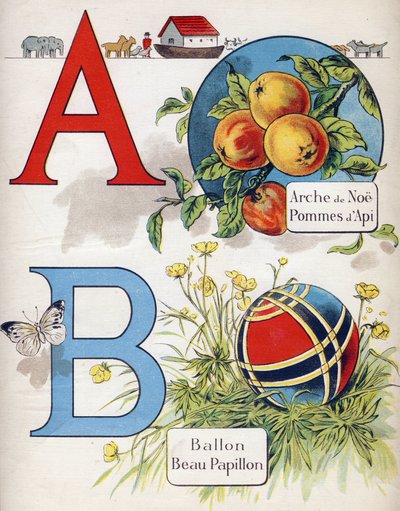 पत्र ए और बी: नोएस आर्क, एपी ऐप्पल, गुब्बारा और सुंदर तितली। "ABC L'alphabet des bebes" में उत्कीर्णन। क्रोमोलिथोग्राफी में कैनवास पर अटूट मात्रा। ए कैपेंदु, संपादक, पेरिस। 1905 के आसपास 20वीं सदी की शुरुआत हुई। अंग्रेजी मूल की इमेजरी, साथ मे द्वारा अज्ञात