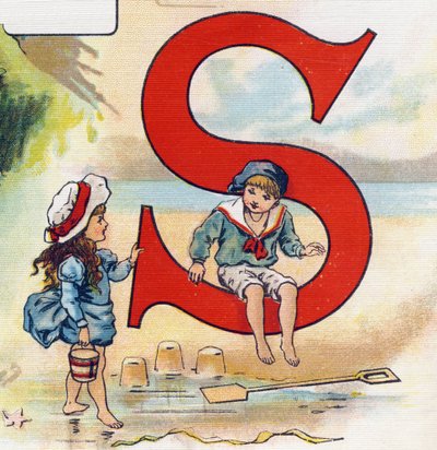 पत्र एस: रेत। "ABC L'alphabet des bebes" में उत्कीर्णन। क्रोमोलिथोग्राफी में कैनवास पर अटूट मात्रा। ए कैपेंदु, संपादक, पेरिस। 20वीं सदी की शुरुआत में, 1905 के आसपास। अंग्रेजी मूल की इमेजरी, प्रत्येक आद्याक्षर के अनुरूप फ्रेंच में शब्दों के सा द्वारा अज्ञात