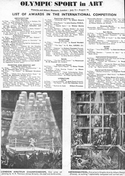 1948 के लंदन ओलंपिक (लिथो) में वास्तुकला, कला, मूर्तिकला, साहित्य, नाटक और संगीत के पुरस्कार विजेताओं की सूची द्वारा अज्ञात