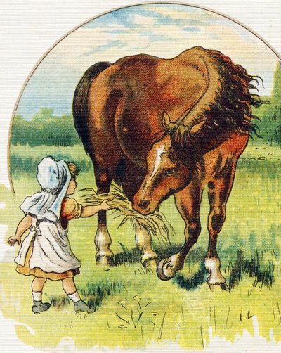 घोड़े को घास देती छोटी बच्ची। "ABC L'alphabet des bebes" में उत्कीर्णन। क्रोमोलिथोग्राफी में कैनवास पर अटूट मात्रा। ए कैपेंदु, संपादक, पेरिस। २०वीं सदी की शुरुआत में, १९०५ के आसपास। अंग्रेजी मूल की इमेजरी, फ्रेंच पत्राचार में शब्दों के साथ द्वारा अज्ञात