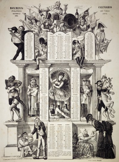 स्मारकीय राजनीतिक कैलेंडर, वर्ष 1875, जियोर्जियो अंसाल्डी द्वारा, जिसे दलसानी (1844-1922) के नाम से भी जाना जाता है, नीचे बाईं ओर, ग्रॉसी ऑगस्टो का हस्तलिखित शिलालेख, व्यंग्य समाचार पत्र इल पप्पागालो (द पैरट), इटली के संस्थापक द्वारा अज्ञात कलाकार