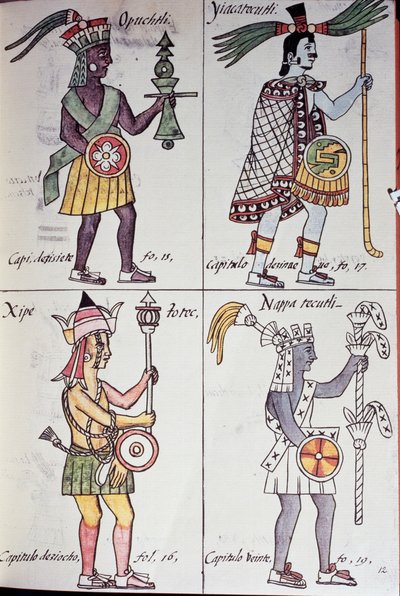 Opochtli, Xipe Totec, Yacatecuhtli और Nappatecutli, फ्लोरेंटाइन कोडेक्स से पेज, स्पेनिश और नाहुआट्ल में संस्करण, न्यू स्पेन की चीजों का सामान्य इतिहास (हिस्टोरिया जनरल डे लास कोसास डी नुएवा एस्पाना), एज़्टेक द्वारा अज्ञात कलाकार