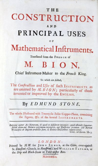 1723 में लंदन में प्रकाशित "अंग्रेजी सुधार" के अलावा, गणितीय उपकरणों, अंग्रेजी अनुवाद पर निकोलस बियोन (1652-1933) द्वारा पुस्तक का शीर्षक पृष्ठ द्वारा अज्ञात