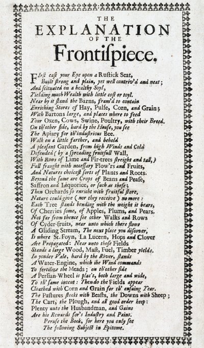 1697 में लंदन में प्रकाशित जॉन वर्लिज (सक्रिय १६६९-१६९८) द्वारा 'सिस्टेमा एग्रीकल्चर: द मिस्ट्री ऑफ हस्बैंड्री डिस्कवरी' के चौथे संस्करण का शीर्षक पृष्ठ और कविता-समान स्पष्टीकरण द्वारा अज्ञात