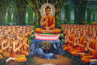 भिक्षुओं को बुद्ध की शिक्षा देते हुए चित्र उडोंग कंबोज द्वारा अज्ञात